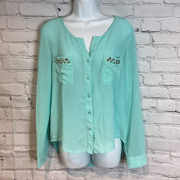 MOON COLLECTION LOS ANGELES CHIFFON STUDDED BLOUSE SEA FOAM GREEN SZ LG - Picture 1 of 4